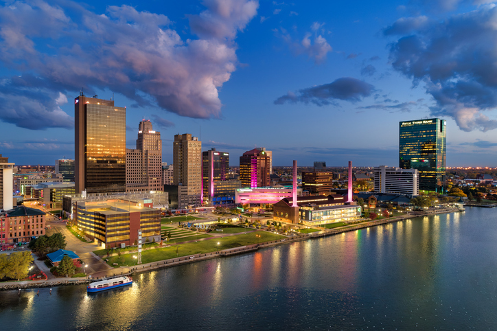 Toledo, Ohio Skyline At Dusk Aerial With River