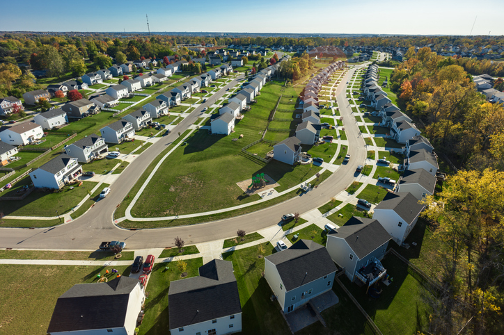 Aerial View of Residential Neighborhood in Middletown, Ohio on Sunny Day