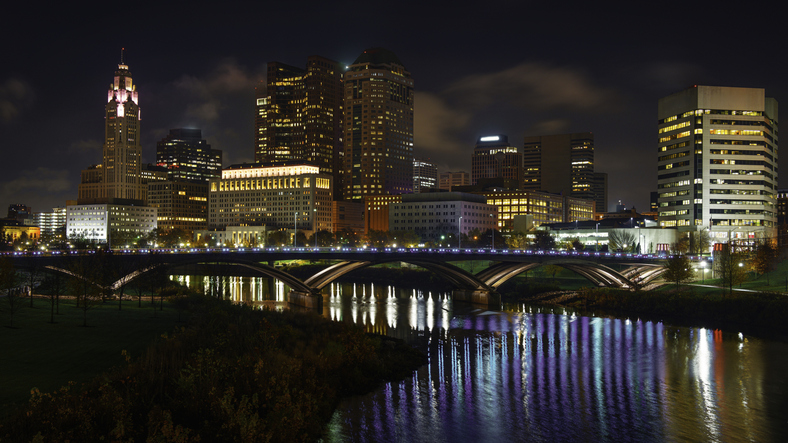Columbus City Night Skyline with Illuminated Vibrant Water Reflections on the Scioto River
