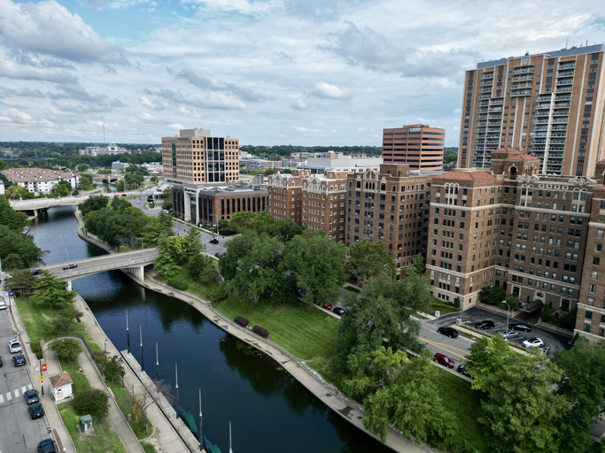 High angle view of river amidst buildings in city,Kansas City,Missouri,United States,USA