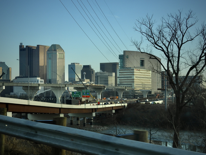traveling along i-71 over the icy scioto river, the downtown section of columbus ohio comes into view
