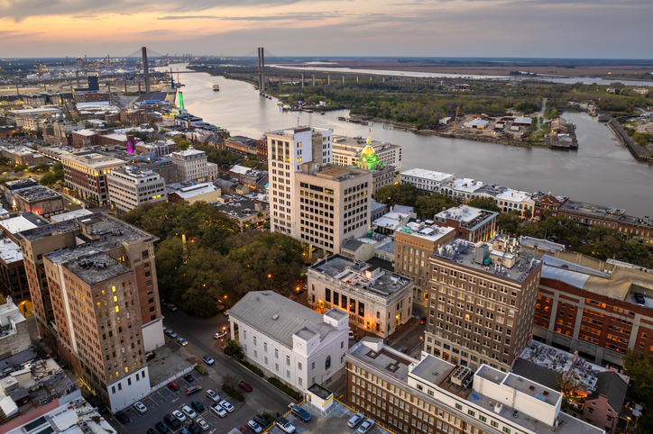 Aerial view of Savannah, Georgia. American city old historical architecture. USA panoramic cityscape at night