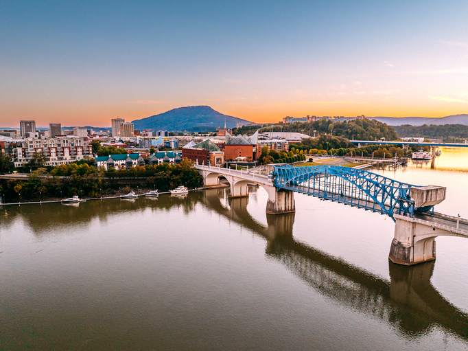 Chattanooga Tennessee Skyline at Sunset with the Historic Chief John Ross Drawbridge