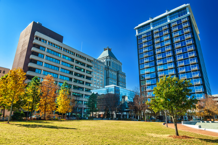Greensboro Downtown Highrise Buildings and Park, Wide Angle