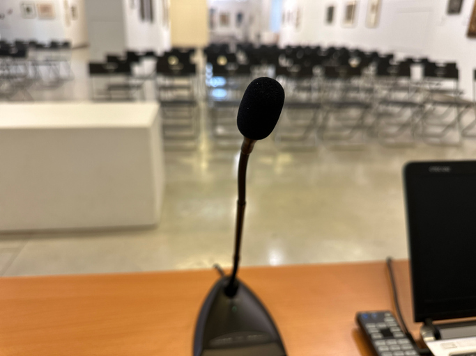 General view of a conference room with a microphone in the foreground.