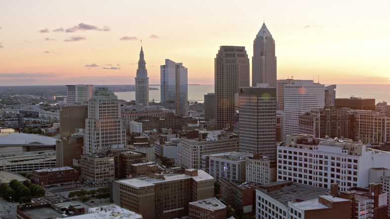 Sunlit Cleveland Skyline with Iconic Buildings at Golden Hour