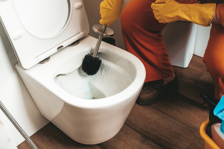 Woman scrubbing toilet bowl with brush during house cleaning. Professional restroom maintenance and sanitation service concept.