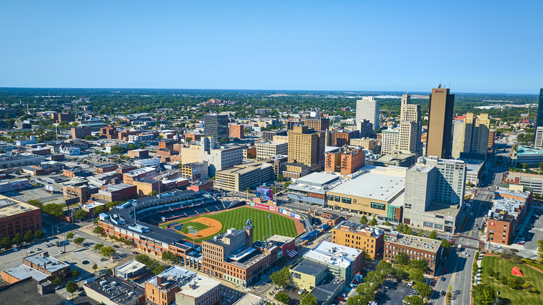 Aerial View of Toledo Baseball Stadium and Downtown Skyline
