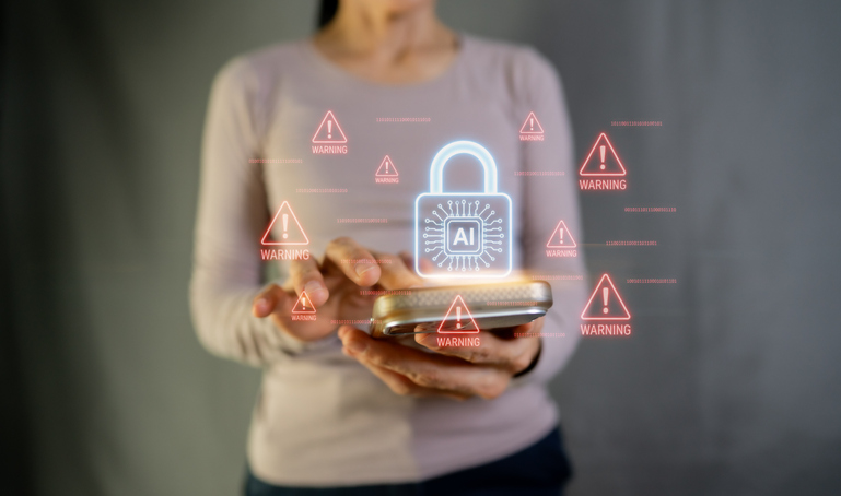 AI cyber security and data protection concept with woman using smartphone and warning alert icons