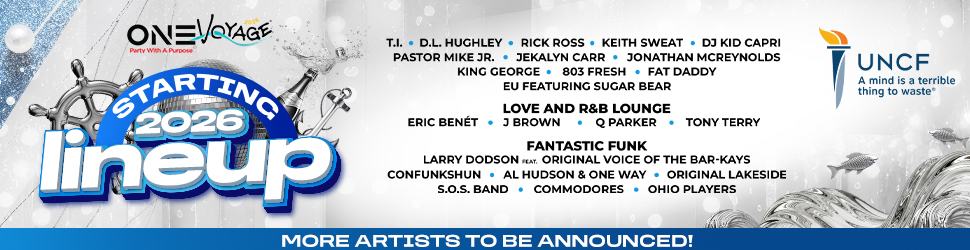One Voyage festival lineup poster featuring musical artists performing in 2026, including T.I., D.L. Hughley, Rick Ross, Keith Sweat, DJ Kid Capri, and more.