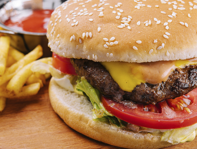 Food, Fresh burger with french fries on wood close up