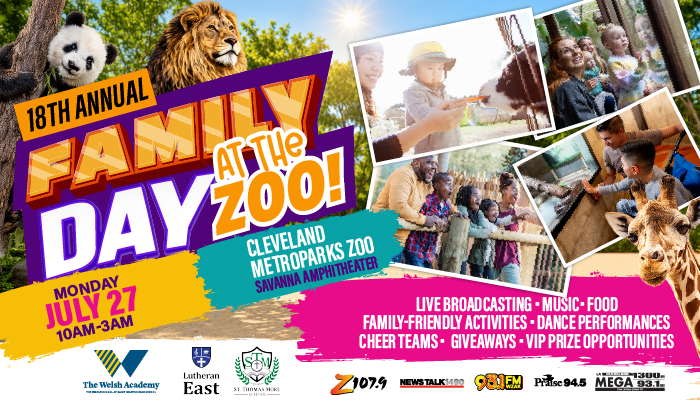 18th Annual Family Day at the Cleveland Metroparks Zoo, featuring live broadcasting, music, food, family-friendly activities, and animal exhibits.