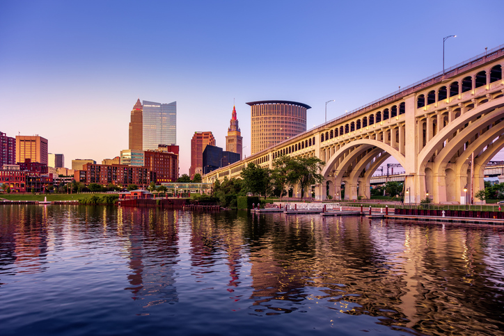 Cleveland skyline with arched bridge, Cleveland, Ohio, United States