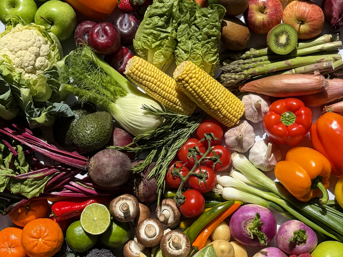 Image of mixed fresh farm produce, fruits, vegetables, healthy eating selection, organic harvest, natural nutrition