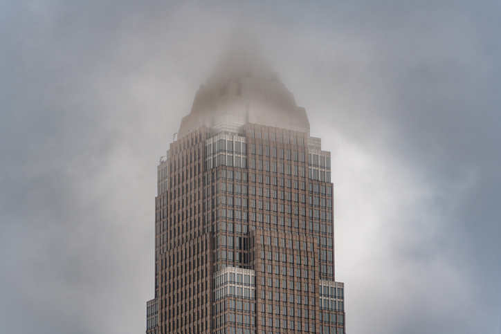 Key Tower Cleveland Ohio Skyline With Dramatic Foggy and Cloudy Sky