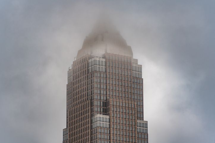 Key Tower Cleveland Ohio Skyline With Dramatic Foggy and Cloudy Sky