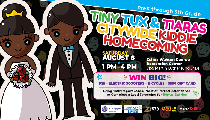Colorful cartoon characters of a boy and girl in formal attire, with text promoting a "Tiny Tux & Tiaras Citywide Kiddie Homecoming" event on August 8.