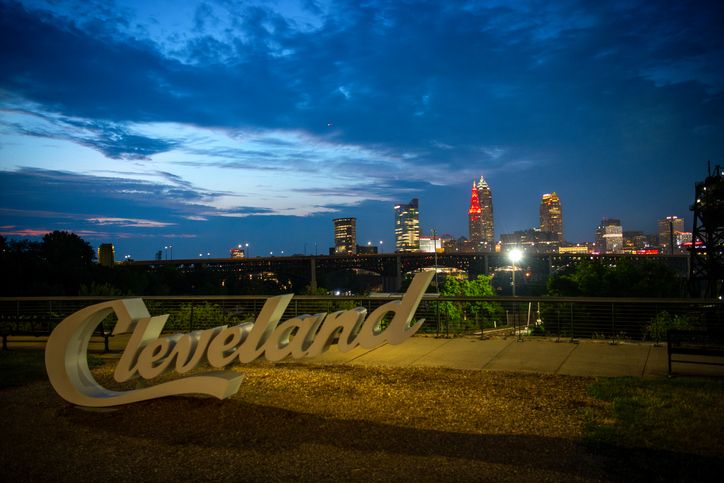Cleveland Script Sign and Downtown Skyline at Blue Hour from Tremont